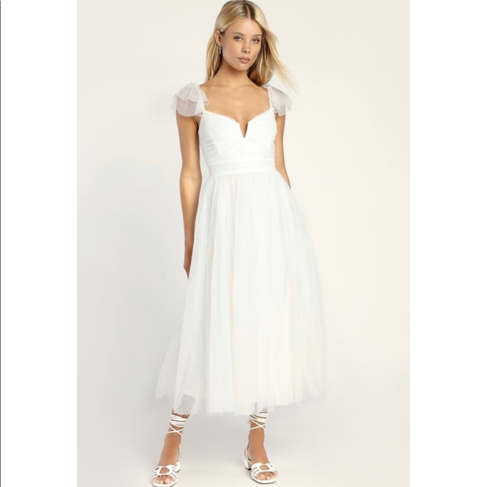 Flirtatious Feeling White Mesh Flutter Sleeve A-Line Midi Dress